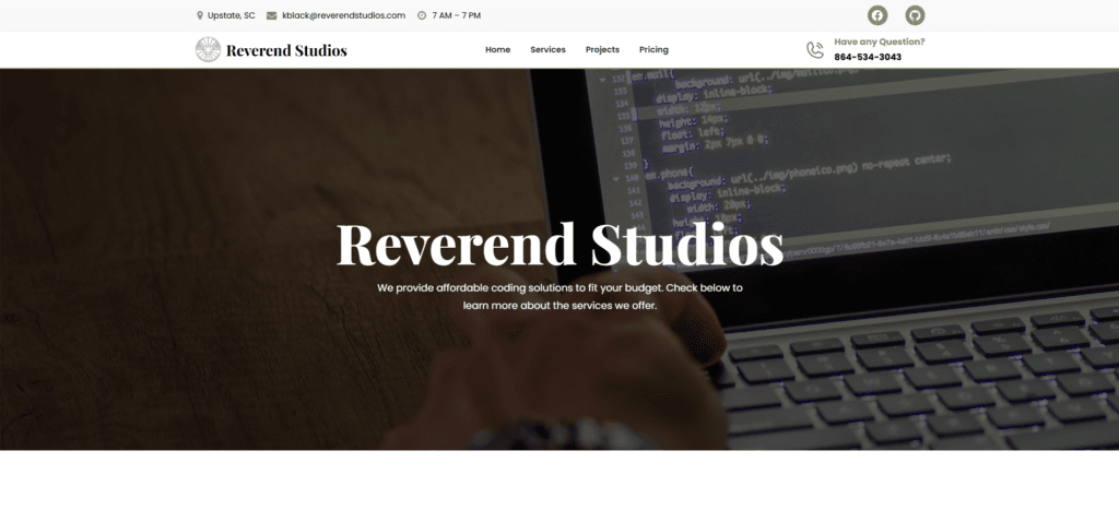 Screenshot of Reverend Studios Main Page.
