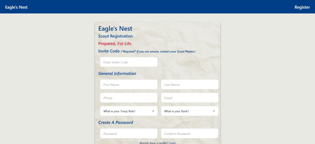 Screenshot of Eagle's Nest Web App Register Page.